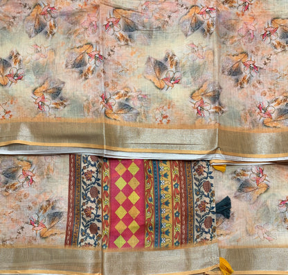 Jute Cotton Saree Light Orange with Thread Border