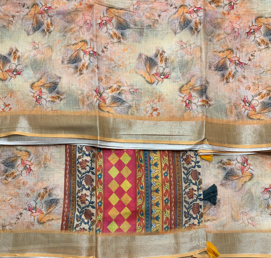 Jute Cotton Saree Light Orange with Thread Border