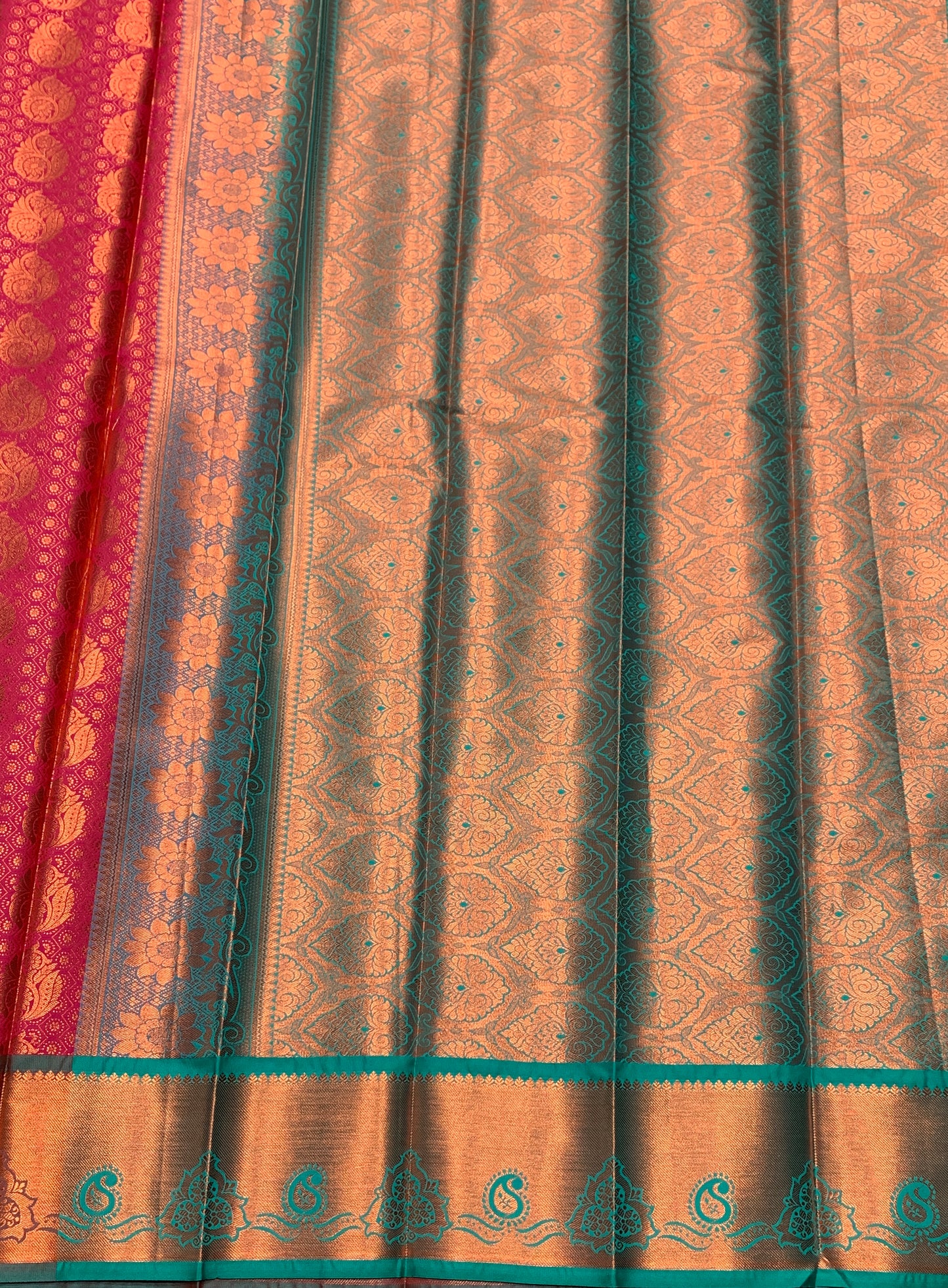 Vegan Silk Saree Pink Colour with Green and Copper Border