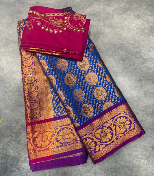 Bridal Vegan Silk Saree Blue shade with Purple Border with Unstitched blouse in Aari Work