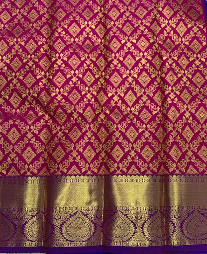 Pink shade Pure kanchipuram Kids Pattu Pavadai with contrast border for newborn to 2 Years