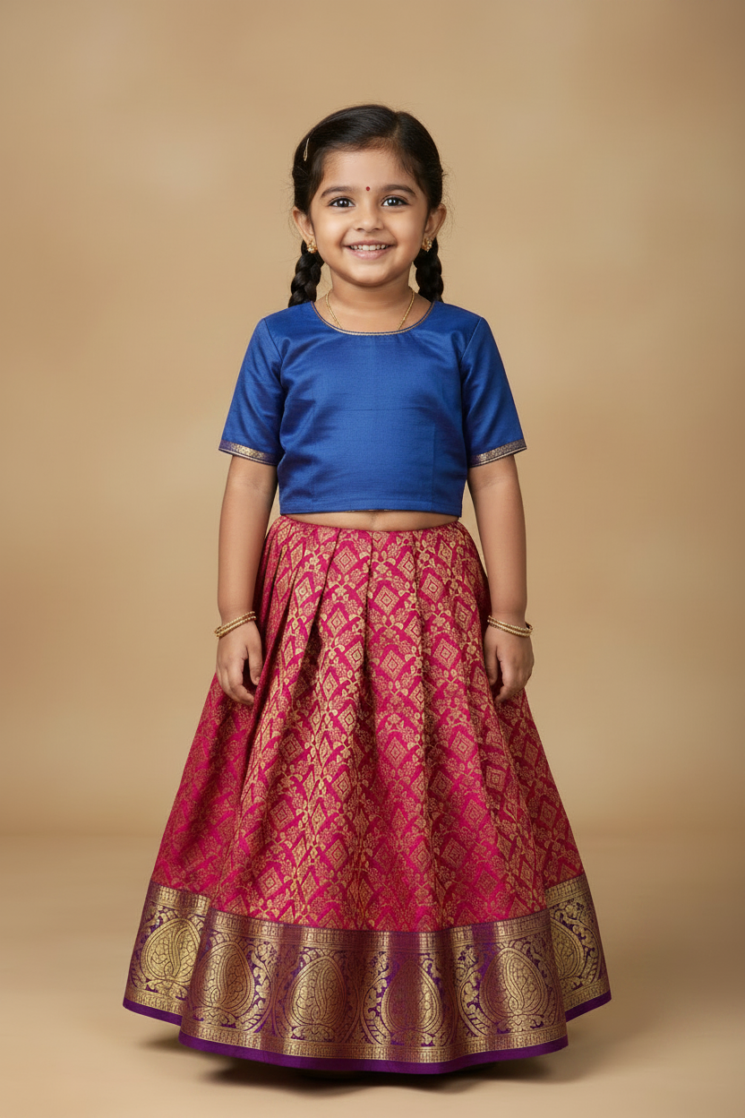 Pink shade Pure kanchipuram Kids Pattu Pavadai with contrast border for newborn to 2 Years