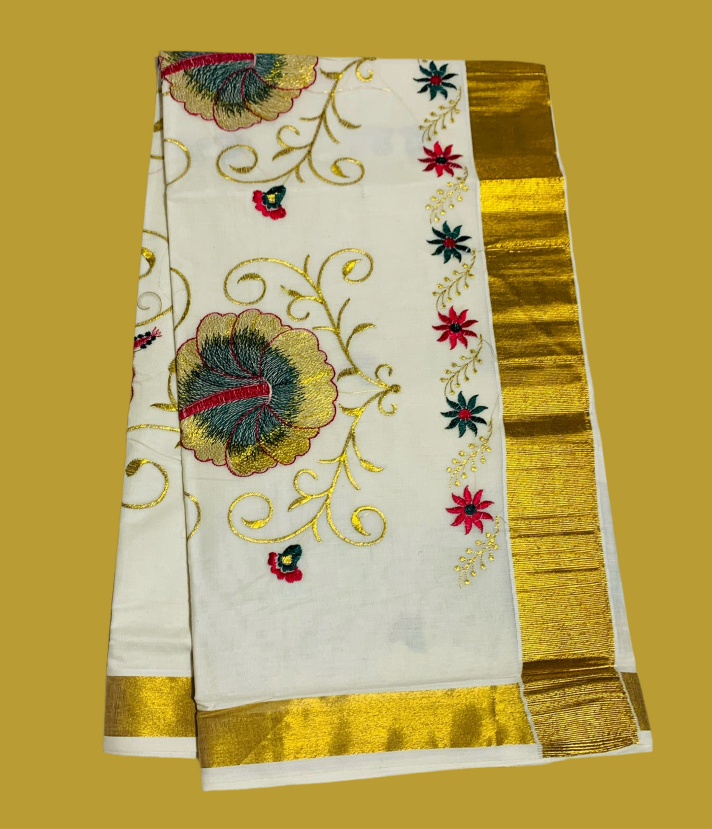 Kerala Cotton Saree Cream Colour with Floral Work Design