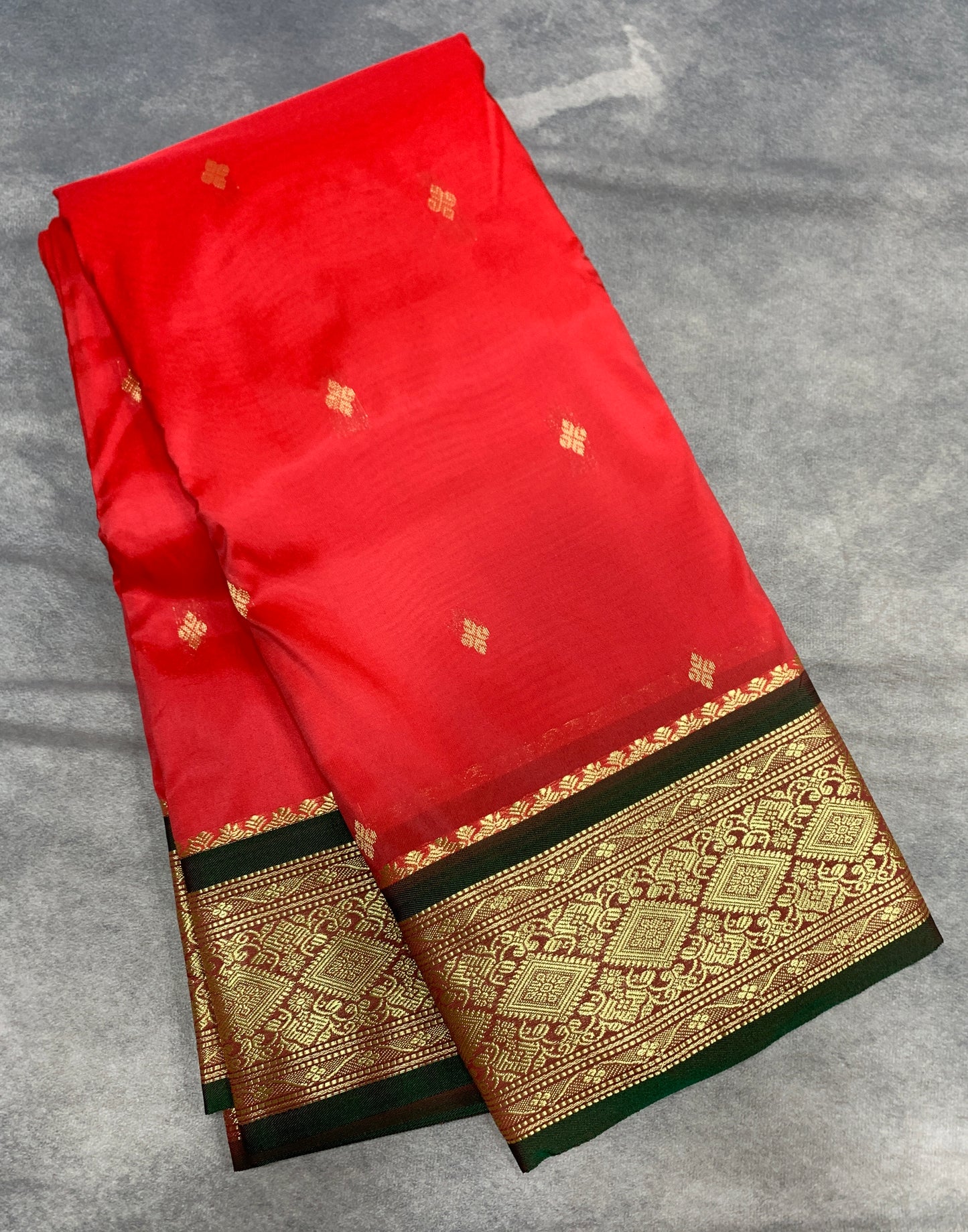 Red Colour Saree with Golden and Green Border