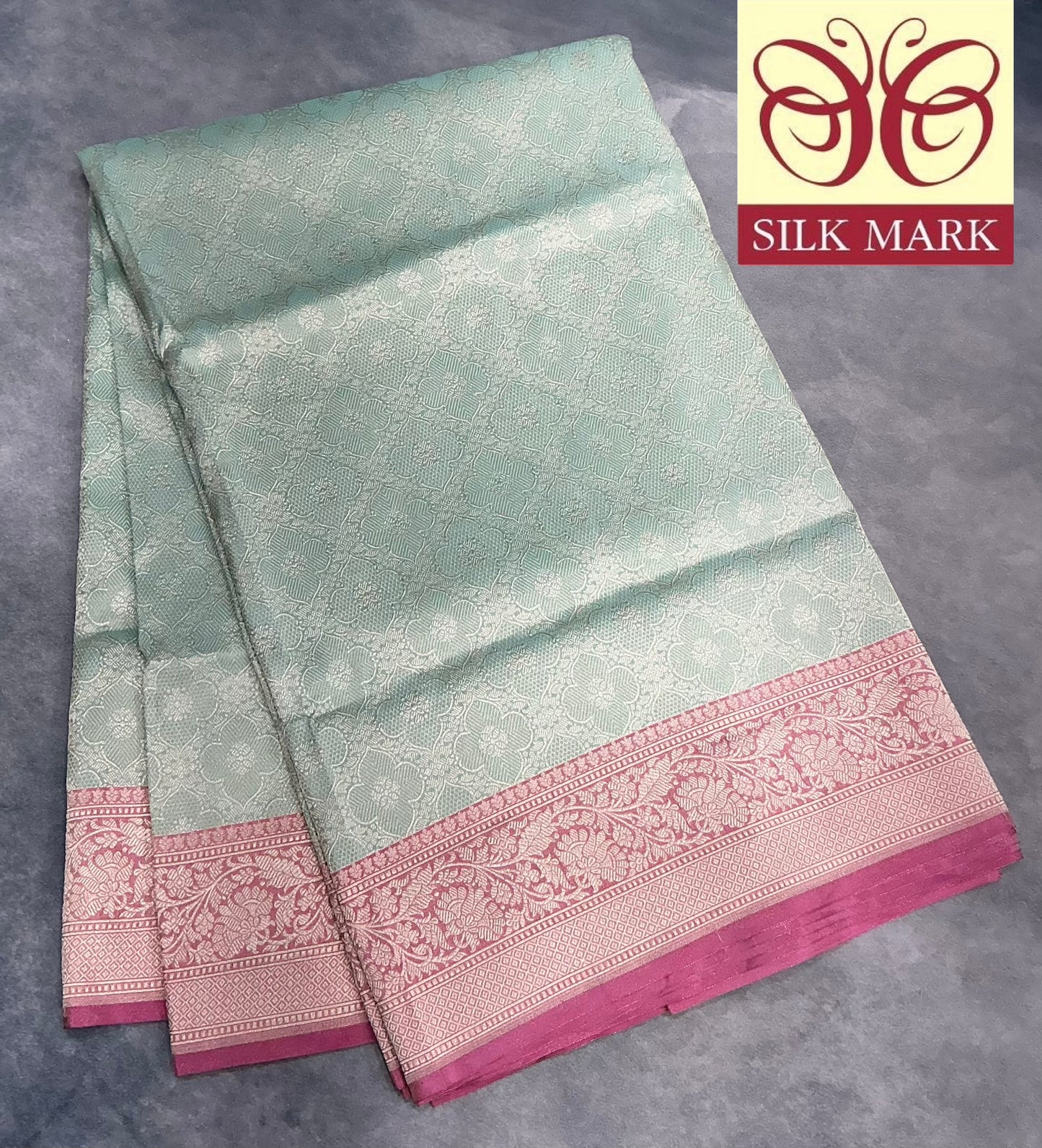 Pure Banaras Silk Saree Mint Green Colour with Rani Pink Banarasi border