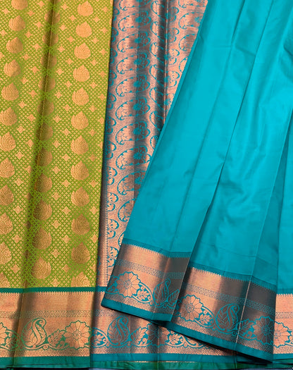Vegan Silk Saree Lime Green Colour with Green and Copper Border
