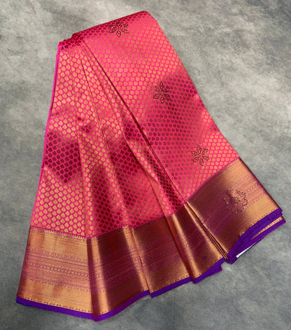 Vegan Silk Saree Pink Colour with Copper and Blue  Border