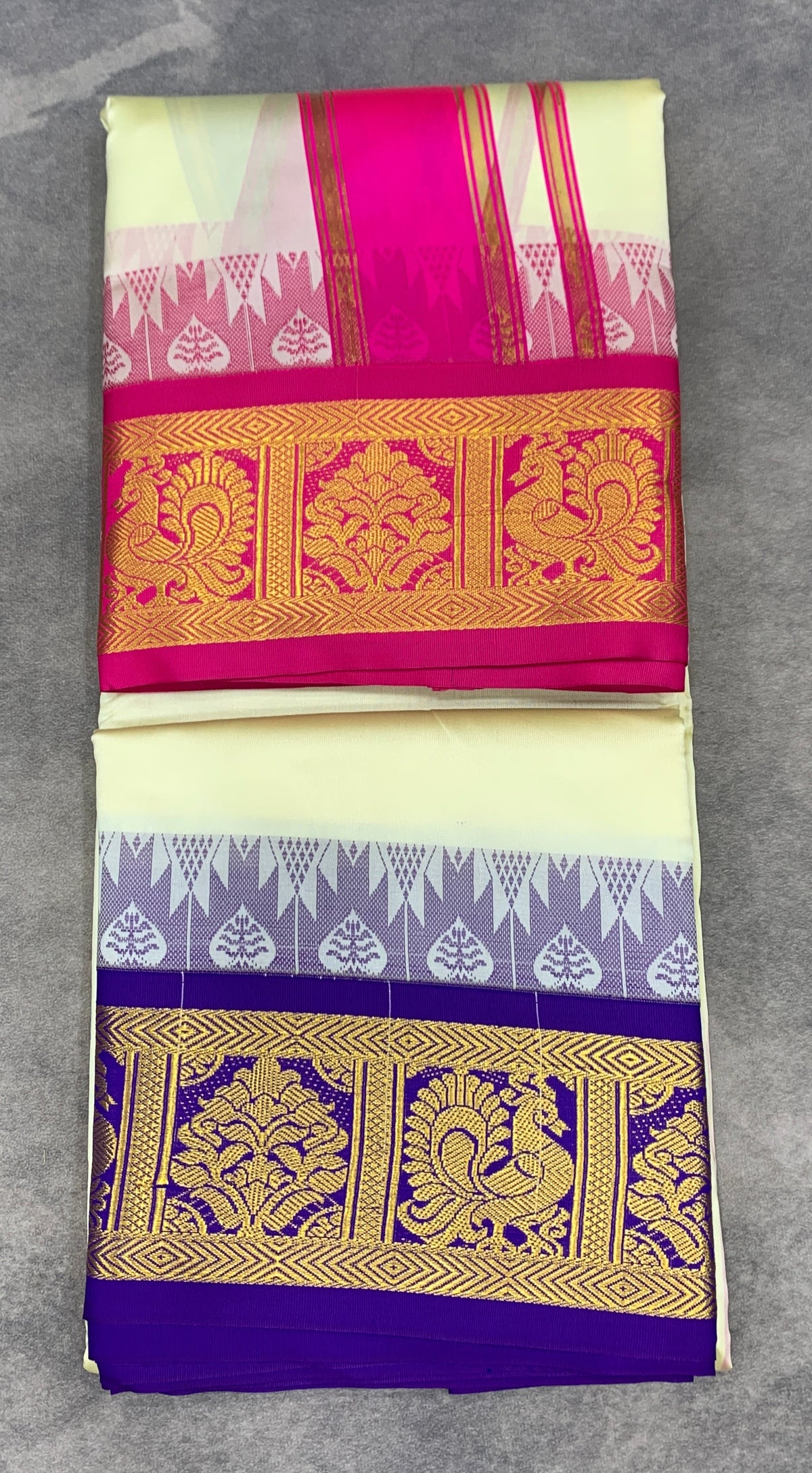 Art Silk Dhothi 9X5 Ivory Colour with Pink and Blue Colour Ganga Jamuna Border