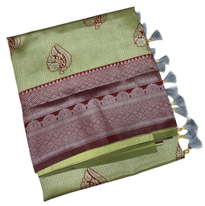 Art Silk Saree Pista Green Colour with Maroon Border