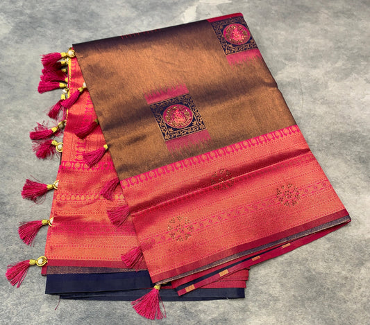 Art Silk Saree Navy Blue Colour and Stone Work with Pink Border