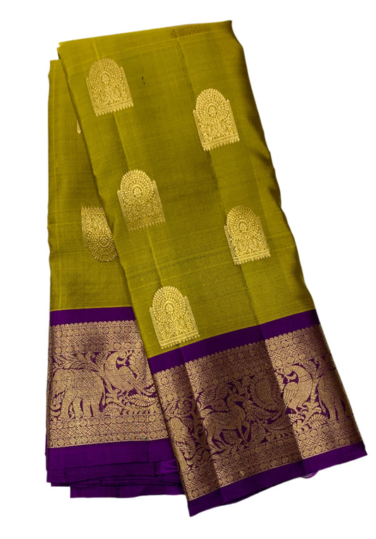 Pure Kanchipuram Silk Olive Green Colour with Magenta Border