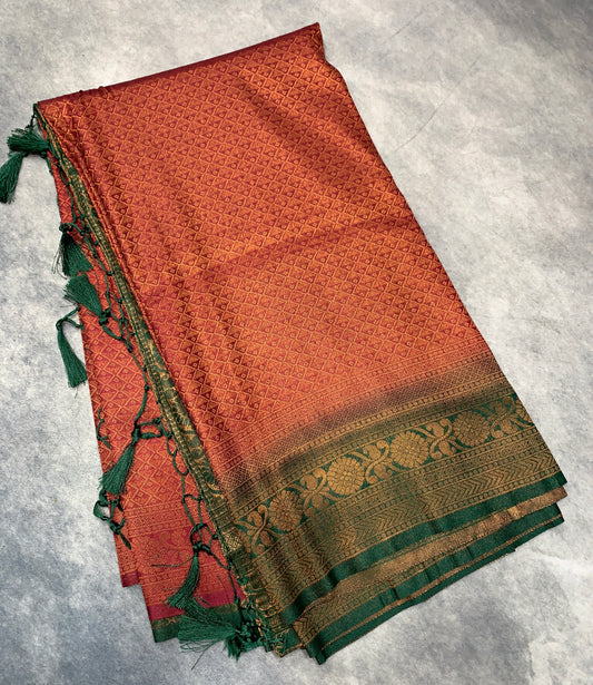 Soft Silk Saree Maroon Colour with Green Colour Pallu