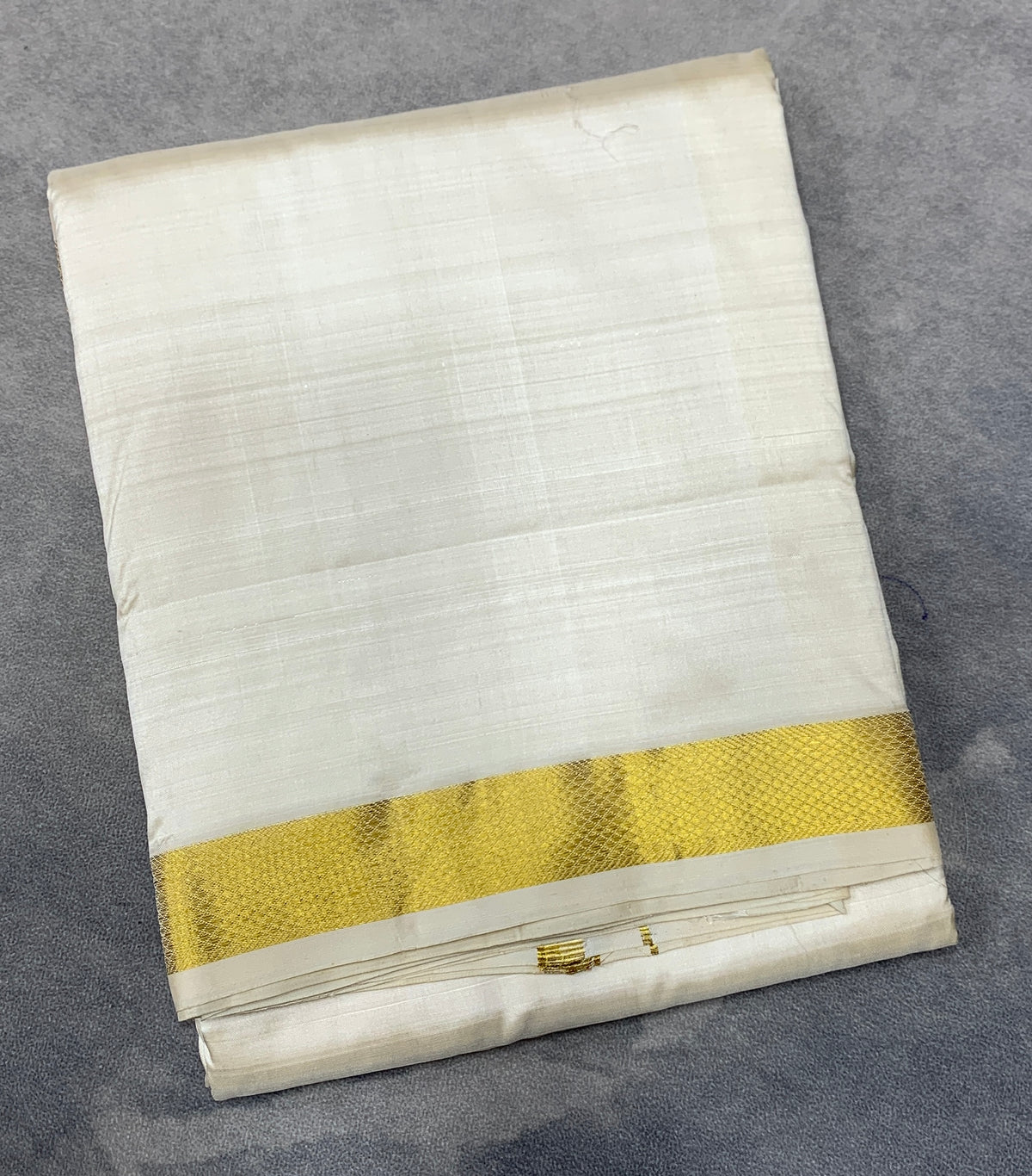 9X5 Pure Silk Dhoti Cream with Small Golden Zari Border