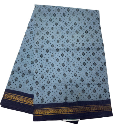 9 yards Cotton Saree Gray Colour with Navy Blue Border