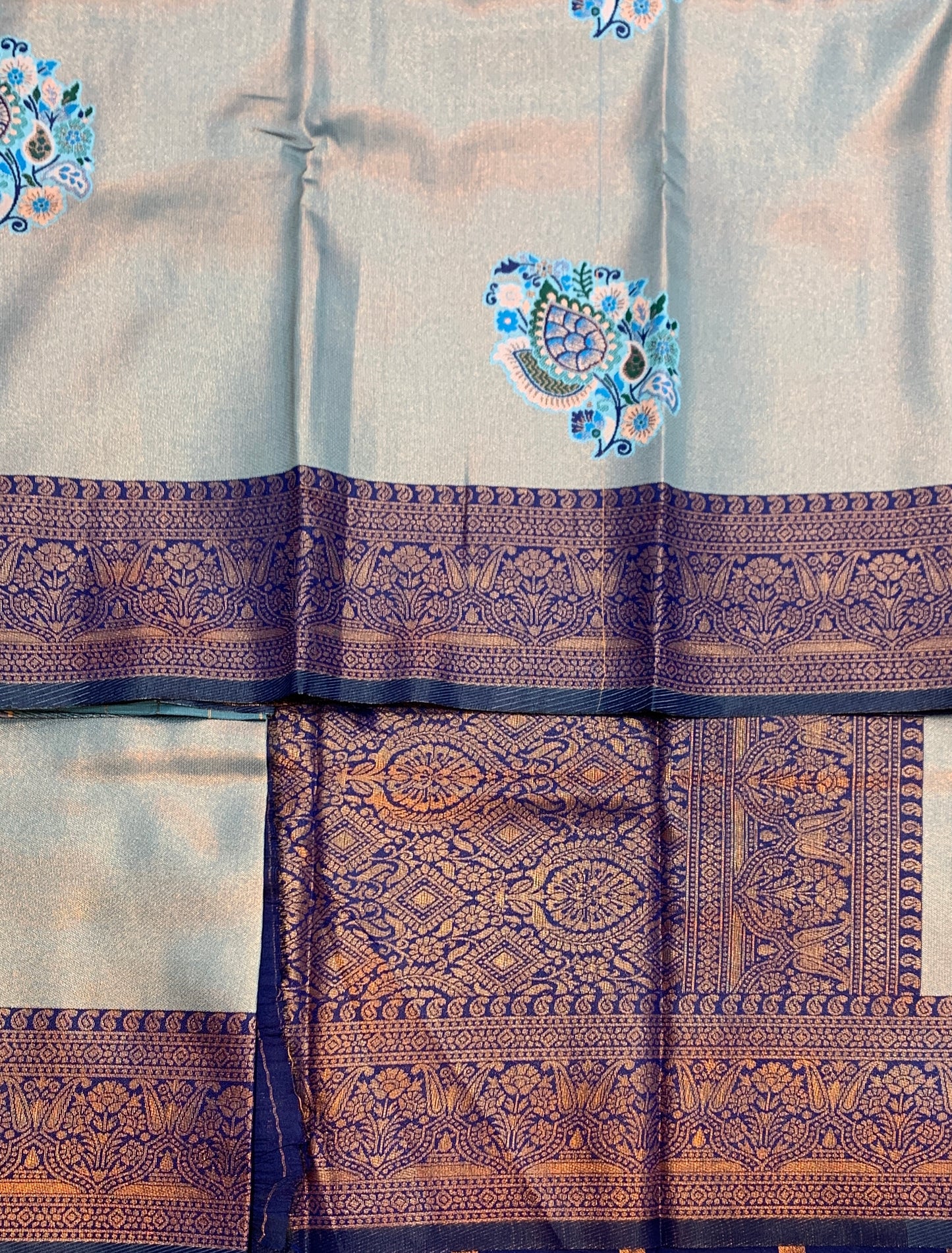 Fancy Tissue Saree Sky Blue Colour with Navy Blue Border
