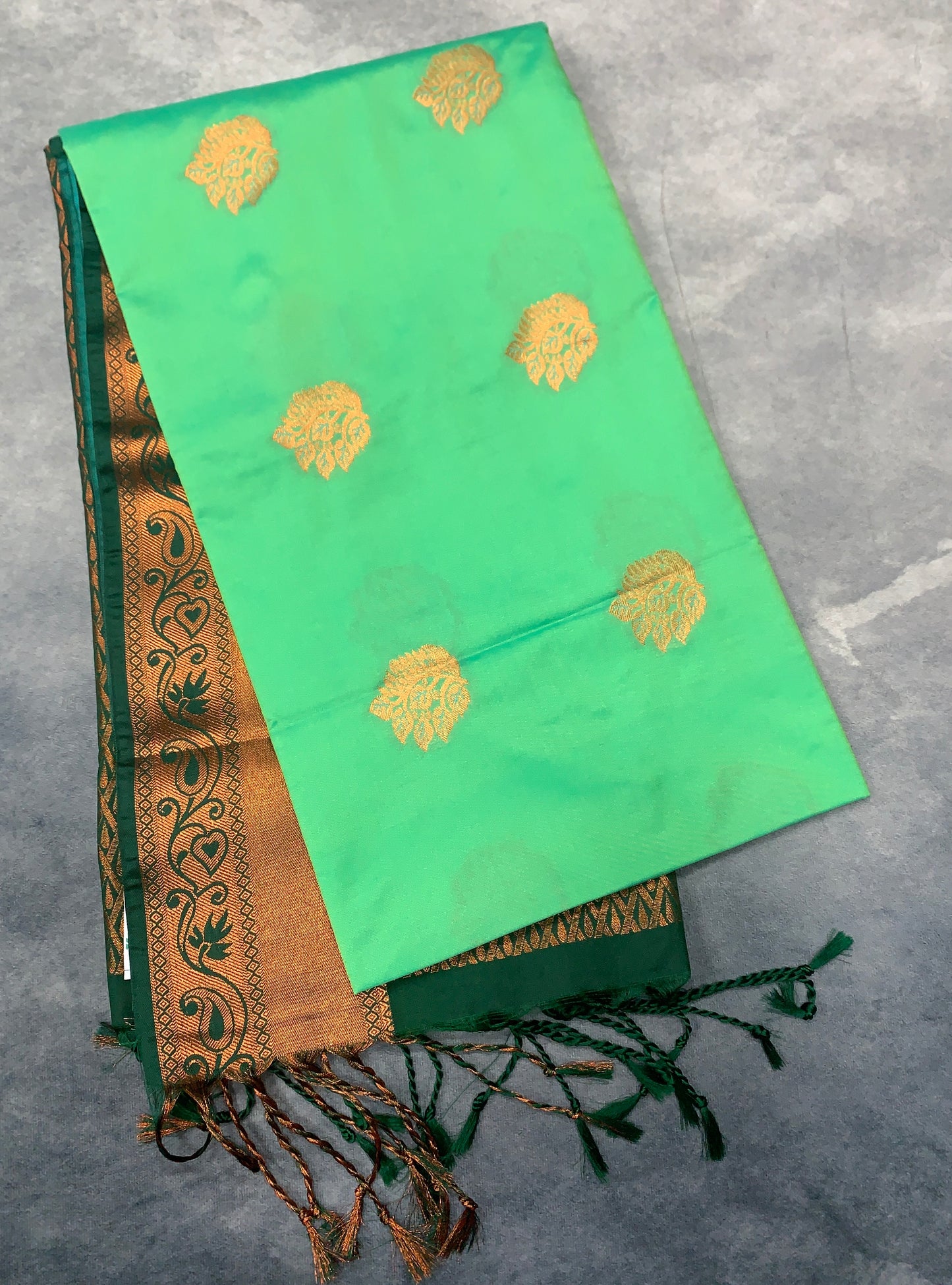 Soft Vegan Silk Saree Light Green Colour with Green and Copper Border