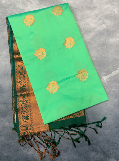 Soft Vegan Silk Saree Light Green Colour with Green and Copper Border