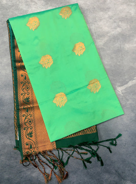 Soft Vegan Silk Saree Light Green Colour with Green and Copper Border