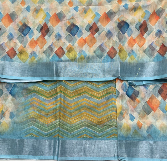 Jute Cotton Saree Sky Blue Shade with Thread Border