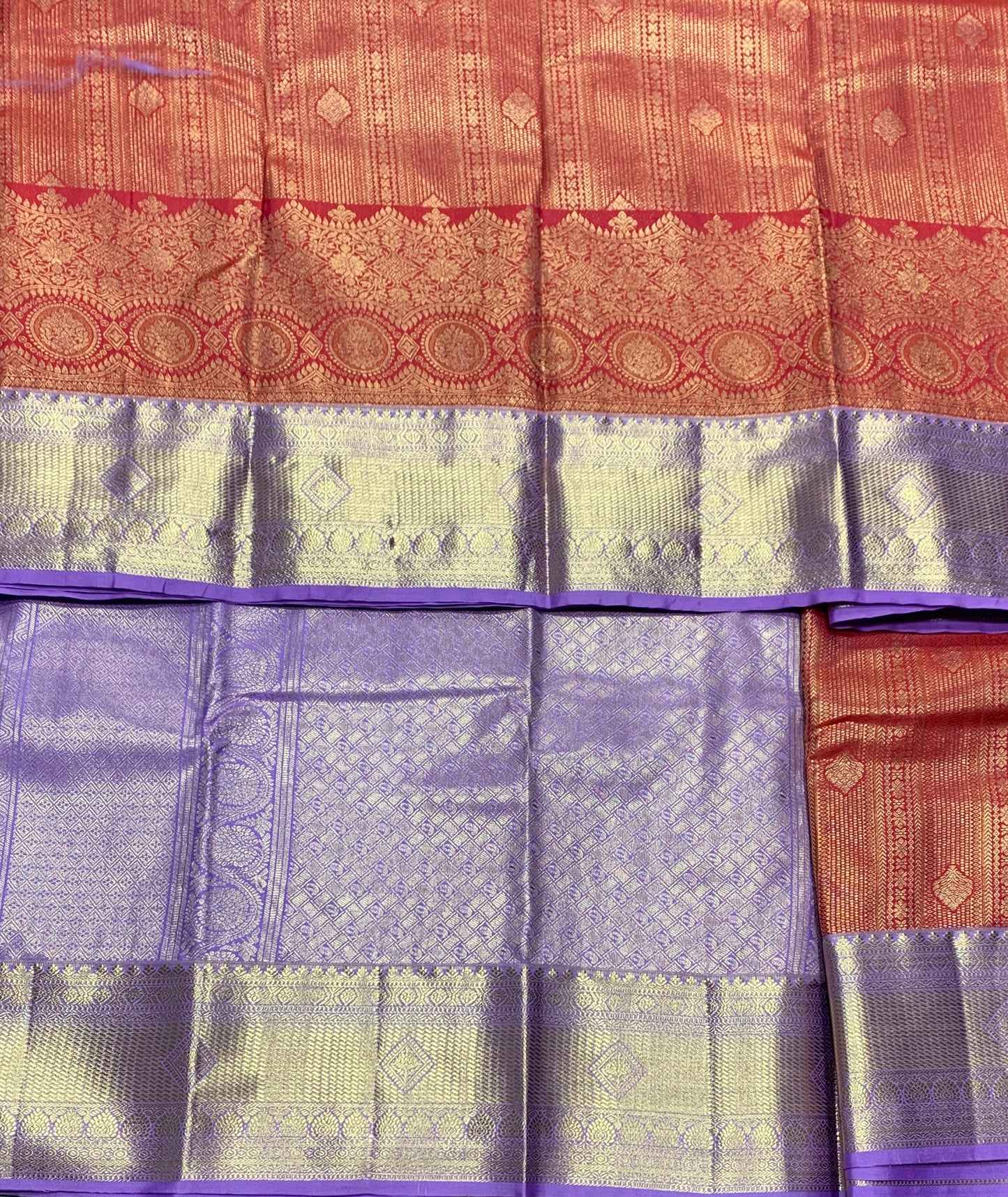 Fancy Tissue Saree Red Colour with Lavender Colour Border