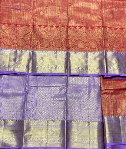 Fancy Tissue Saree Red Colour with Lavender Colour Border