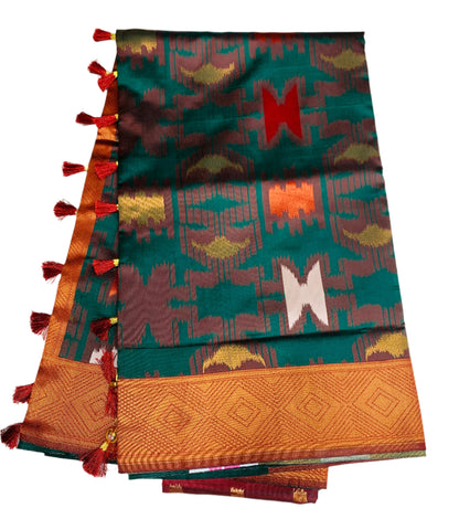 Pochampalli Semi Silk Saree Green Colour with Maroon Border