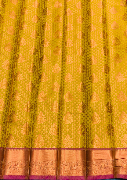 Vegan Silk Saree Lime Green Colour with Pink and Copper Border