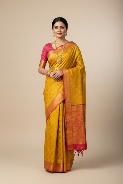 Vegan Silk Saree Lime Green Colour with Pink and Copper Border