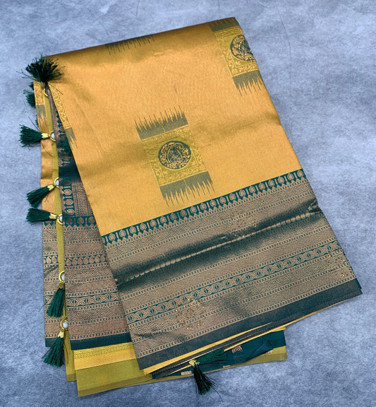 Art Silk Saree Mustard Colour and Stone Work with Green Border