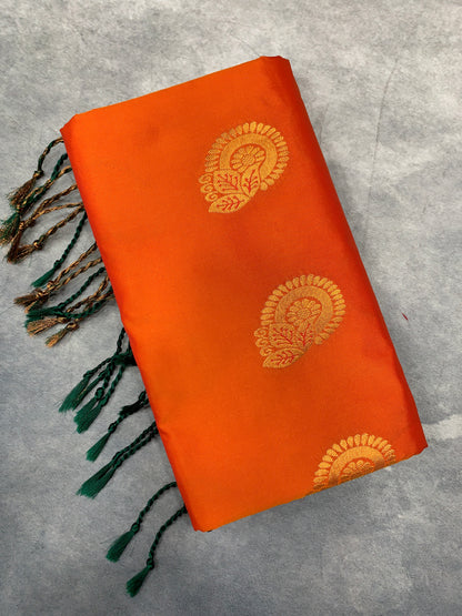 Soft Vegan Silk Saree Mango Yellow Colour with Green and Copper Border