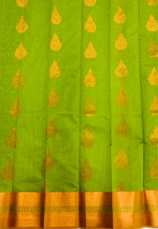 Olive Green Shade Silk Cotton Saree with Copper Zari Border