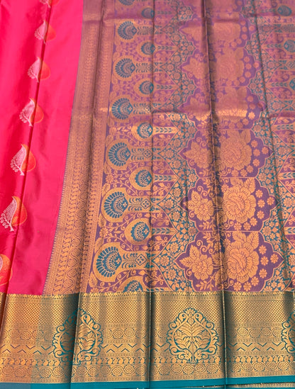 Soft Silk Casual Saree Tomato Pink Colour with Rama Green Colour Border
