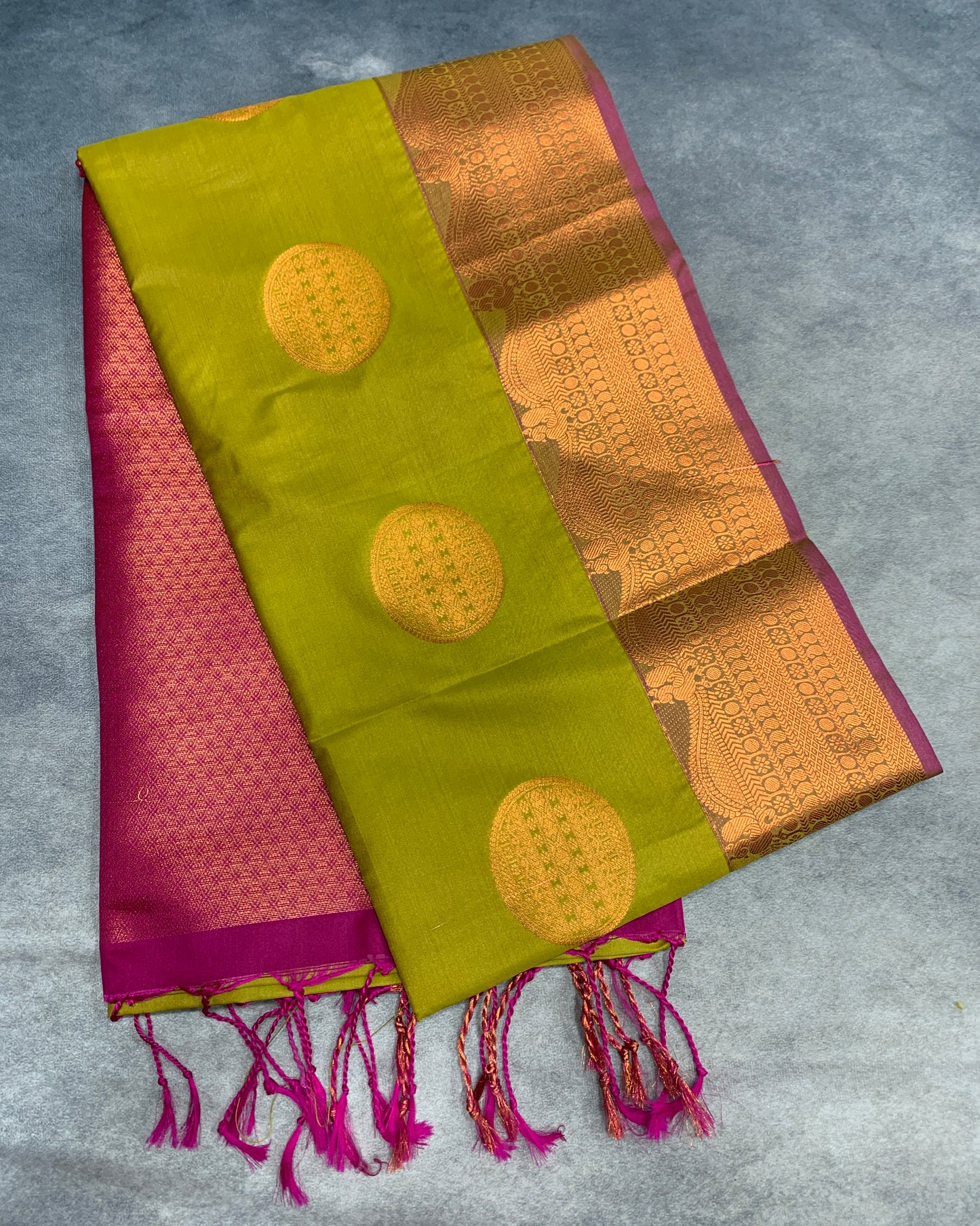Soft Vegan Silk Saree Lime Green Colour with Pink and Sliver Border