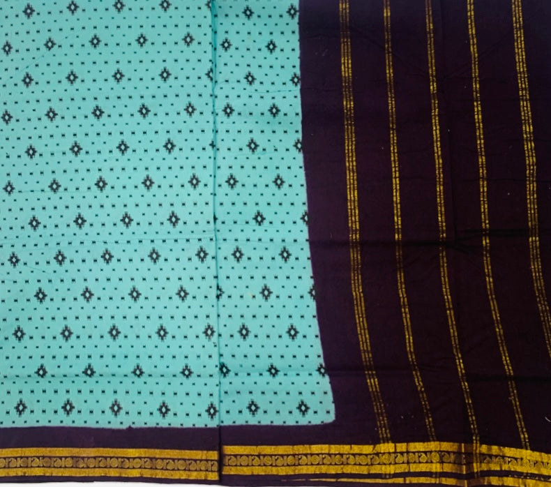 9 yards Cotton Saree Mint Green Colour with Brown Border