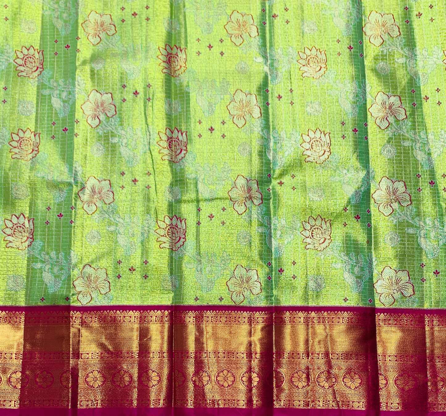 Light Neon Green Shade Vegan Silk Kids Pattu Pavadai with Contrast border for age 2 to 5