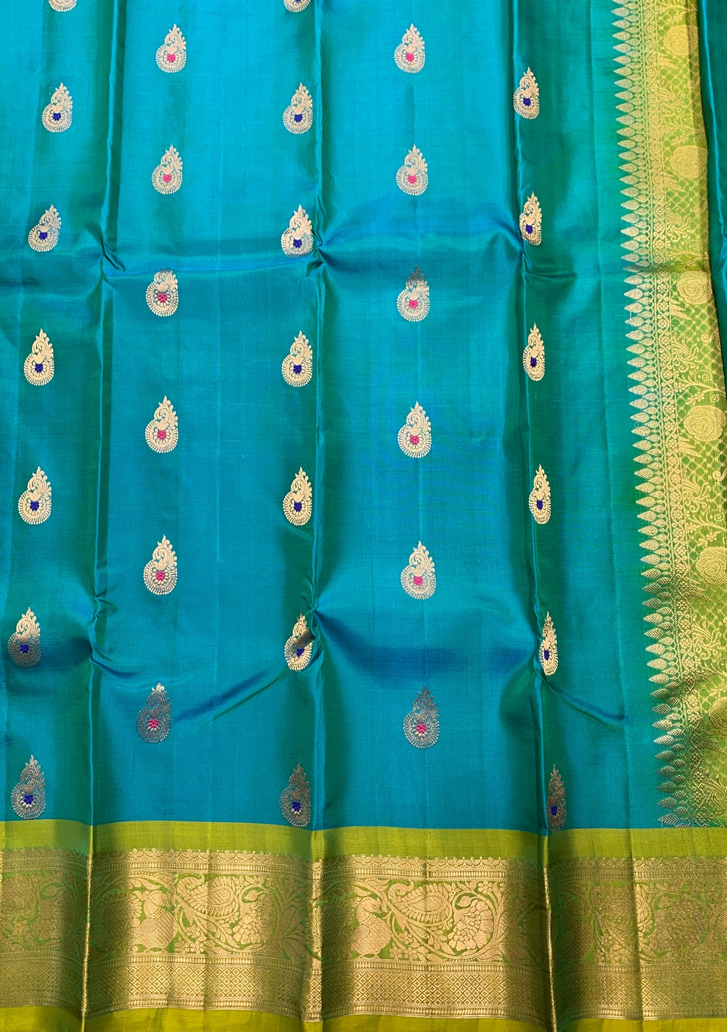 Pure Kanchipuram Silk Saree  Peacock Green Colour with Lime Green Colour Border