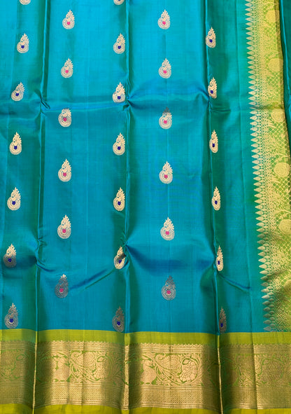 Pure Kanchipuram Silk Saree  Peacock Green Colour with Lime Green Colour Border