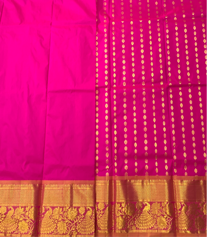 Pink shade Semi Silk Kids Pattu Pavadai with contrast border for Age above 10 Years