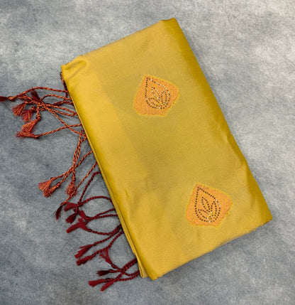Soft Vegan Silk Saree Golden Colour with Brown and Copper Border