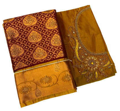 Bridal Vegan Silk Saree Brown shade with Mustard Border with Unstitched blouse in Aari work