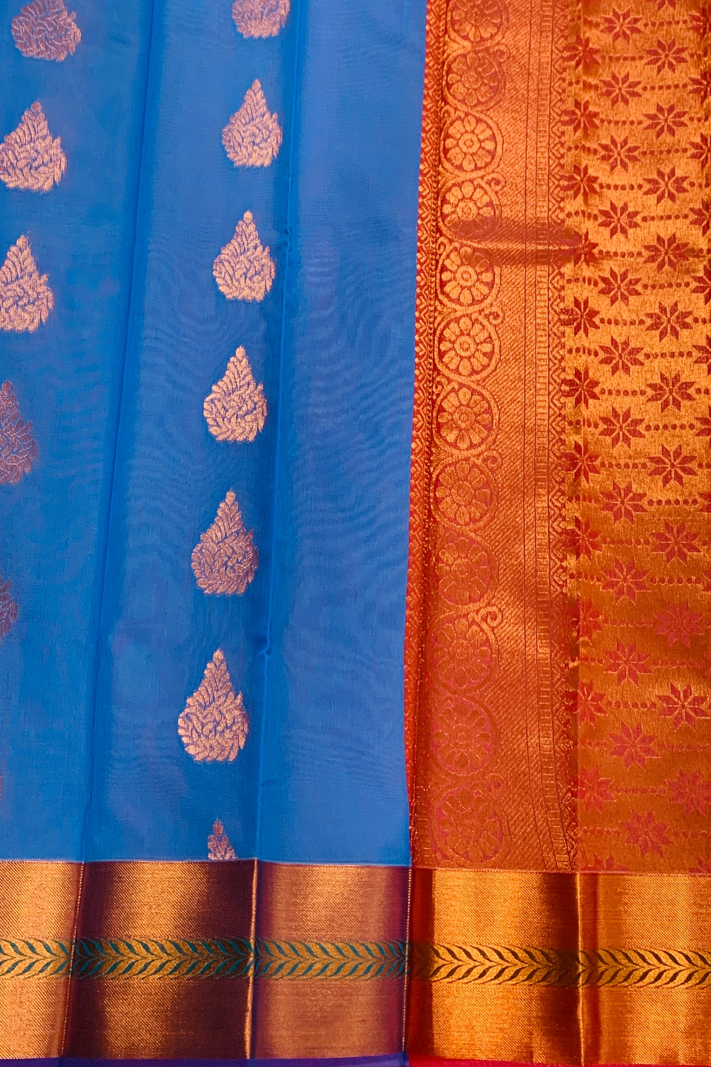 Sky Blue Shade Silk Cotton Saree with Copper Zari Border