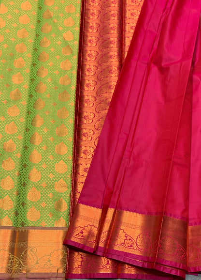 Vegan Silk Saree Apple Green Colour with Pink and Copper Border