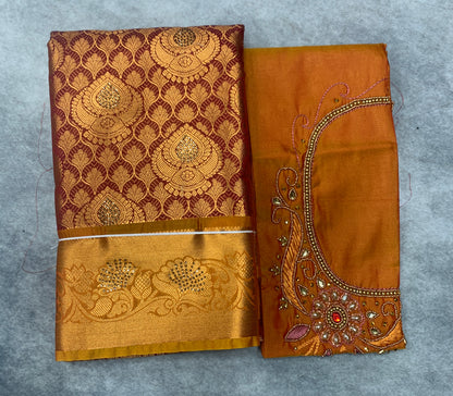 Bridal Vegan Silk Saree Maroon shade with Golden Yellow Border with Unstitched blouse in Aari Work