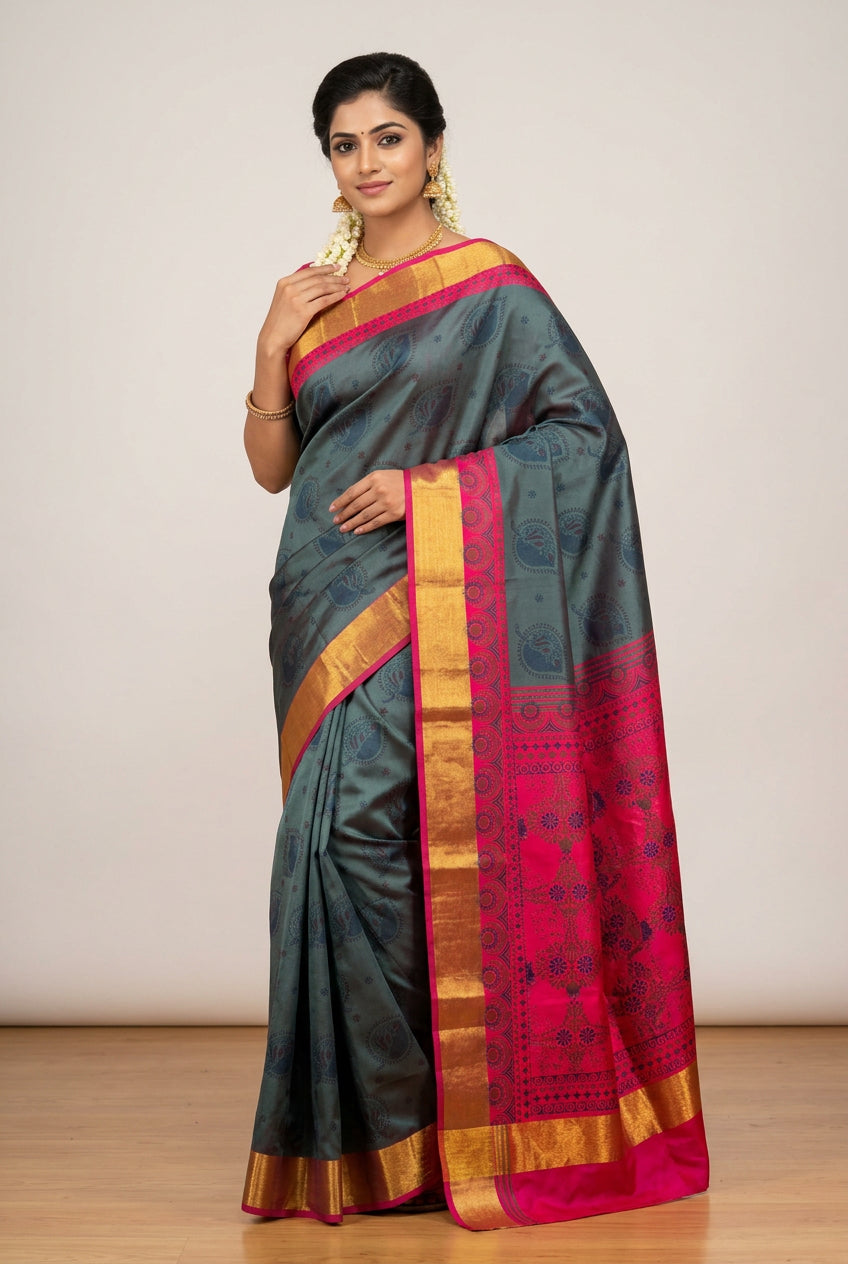 Fancy Cotton Saree Gray Colour with Copper Border