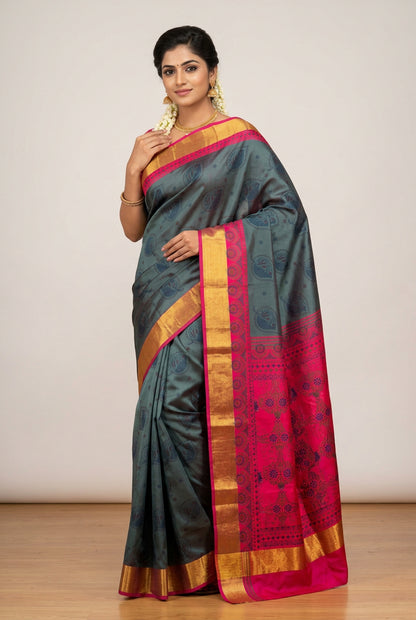 Fancy Cotton Saree Gray Colour with Copper Border