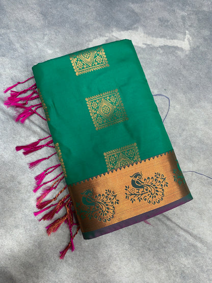 Soft Vegan Silk Saree Light Green Colour with Pink and Copper Border