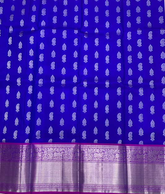 Blue shade Pure Kanchipuram Kids Pattu Pavadai with contrast border for age 5 to 10