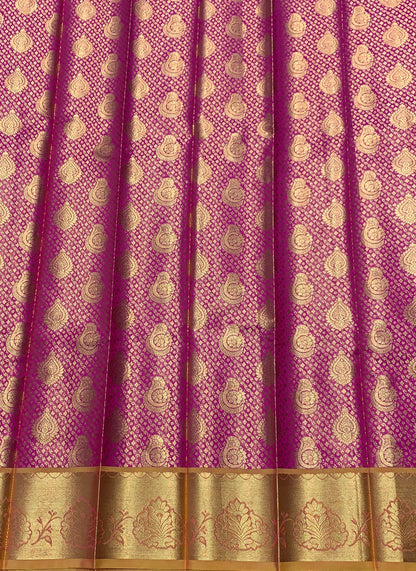 Vegan Silk Saree Pink Colour with Golden Yellow and Copper Border