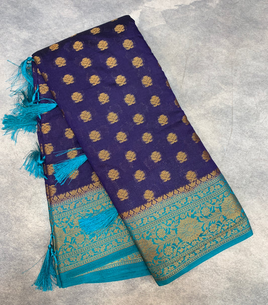 Crepe Saree Navy Blue Colour with Sky Blue Border