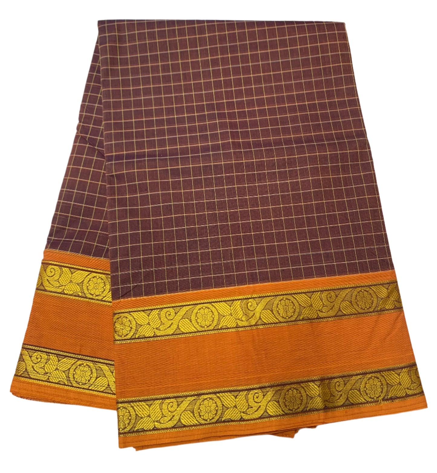 9 yards Cotton Saree Brown Colour with Orange Border